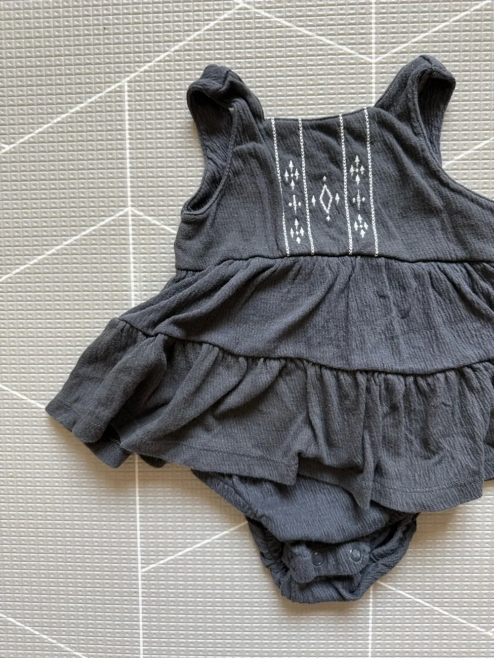 Carters|Baby girl Charcoal gauzy knit onesie Dress with White Embroidery•Boho